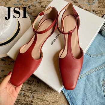 

JST Brand Pumps women shoes genuine leather upper t-strap design buck strap square toe and low thin cover heel pumps JO518