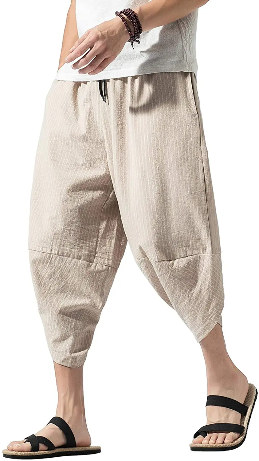 

Мужские льняные капри в полоску Shanghai Story, летние шаровары, широкие штаны, мешковатые