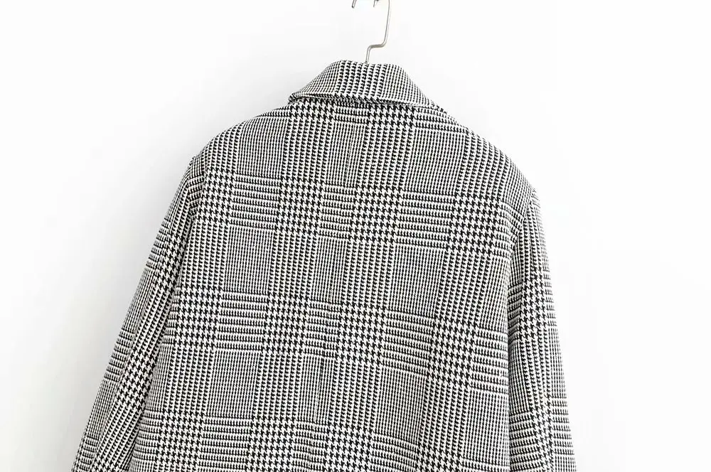 WT908 European Design Double Breasted Houndstooth Plaid Long Sleeve Casual Blazer Streetwear