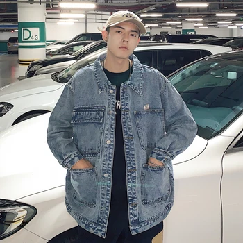 

2019 Men's Oversized Work Clothes Loose Coats Cowboy Streetwear Bomber Denim Jacket Fashion Trend Blue Color Outerwear M-2XL