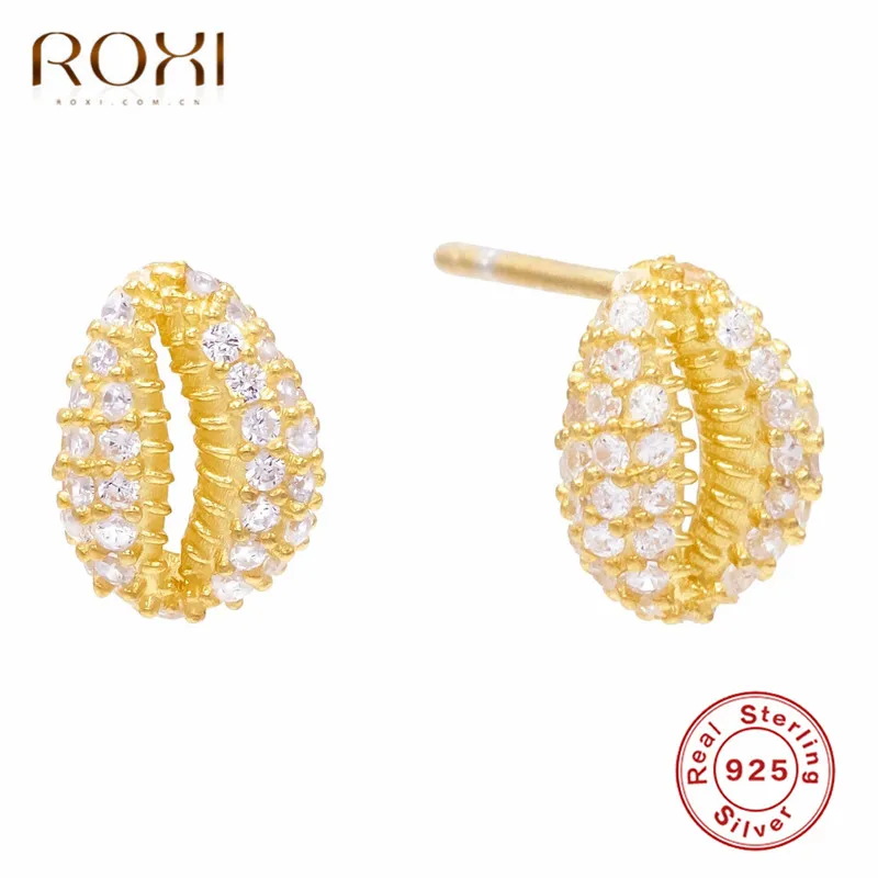 ROXI, модные серьги в виде раковины каури, маленькие радужные CZ серьги-гвоздики в виде ракушки для женщин, ювелирные изделия в стиле бохо, 925 пробы серебряные серьги