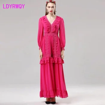 

2019 Europe and the United States autumn new fashion solid color lace side dress