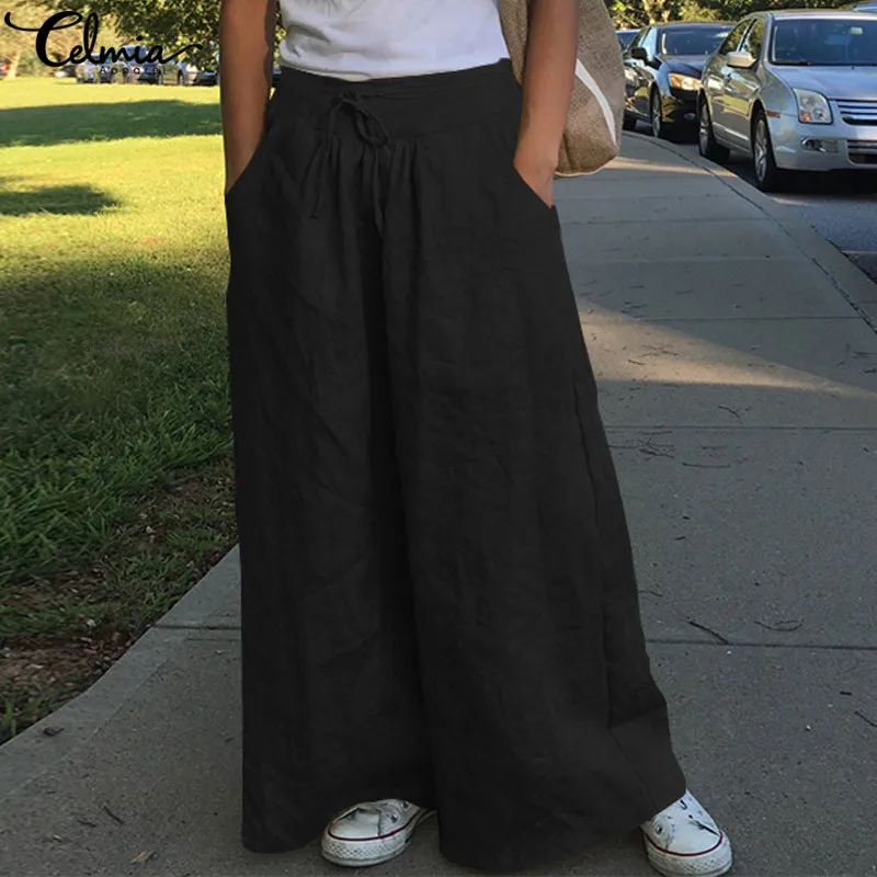 

2019 Celmia Women Casual Loose Wide Leg Pant Ladies Fashion Trousers Female Palazzo High Waist Pants Vintage Pantalon Plus Size