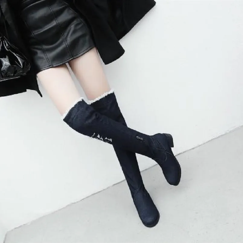 Bottes Femmes Chaussures Femmes Для женщин Модный небесно-голубой высокое качество полусапожки визуально увеличивающие рост; Модные женские босоножки темно-синие джинсы Высокие зимние сапоги G6095