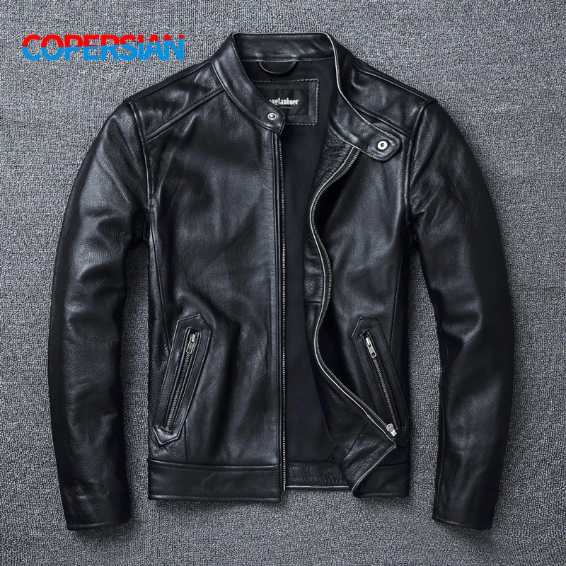Men Leather Jacket Top Layer Cowhide Slim Fit Stand Collar Motorcycle Suit Men's Leather Jacket Soft Cowhide Large Size Jacket Fashion