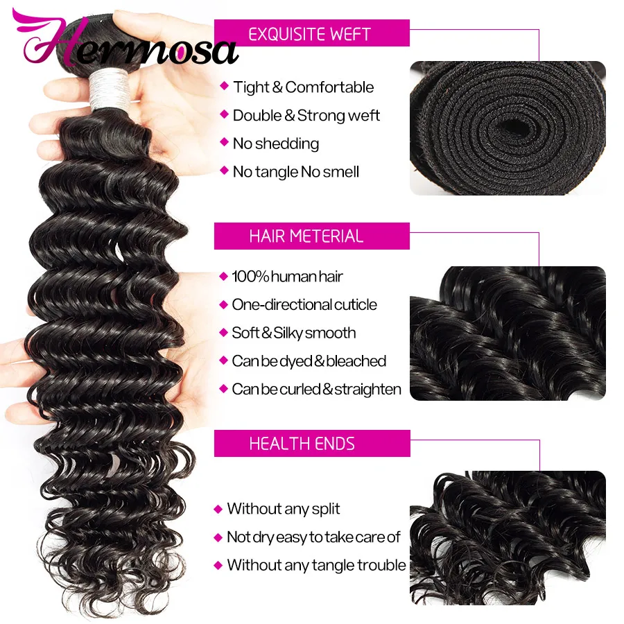 Hermosa Deep Wave Bundles With Closure Brazilian Hair Weave Bundles With Closure Human Hair 3 Lace Non Remy