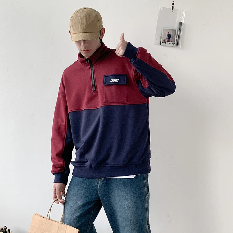 

2019 Spring And Autumn Men's New Casual Stitching Contrast Color Pattern Printing Stand Collar Loose Temperament Cotton Hoodies