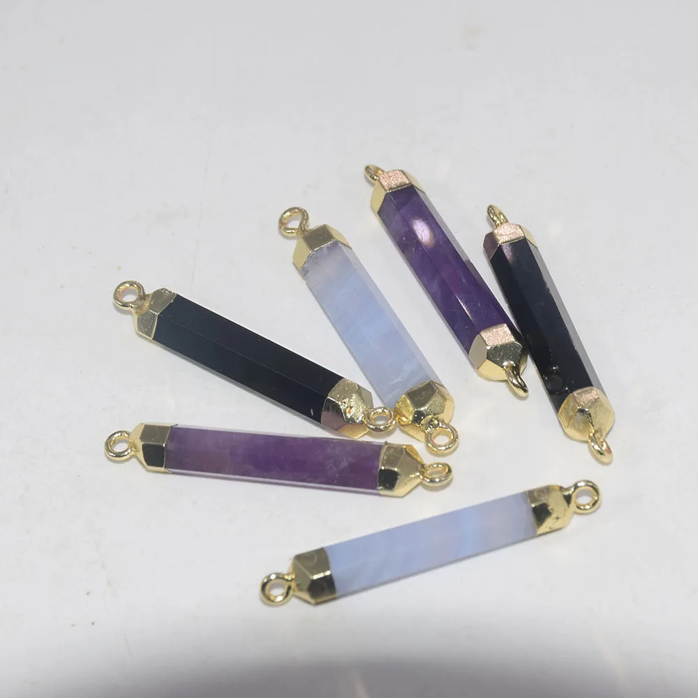 

Natural Long Clear Rose Crystal Quartz Hexagonal Connector Femme 2020 Face Gold Bezel stone connector for women Jewelry making