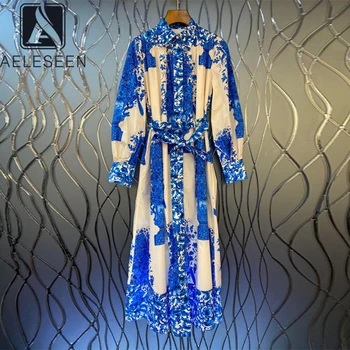

AELESEEN High Quality 100% Cotton Dress Runway Fashion Autumn Blue Flower Print Belt Turn-Down Collar Long Party Holiday Dress