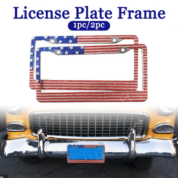 

Decorative US Vehicles American Flag License Plate Frame For Car Covers Holders Rhinestone Stainless Steel Exterior Easy Install