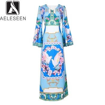 

AELESEEN Vintage Runway Printed A-Line Dresses Women Elegant V-neck Flare Sleeve Pigeon Peach Blossom Print Mid-Calf Dress