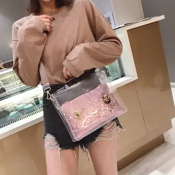 

2pcs/set Transparent Shoulder Messenger Handbags Women Sequins Makeup Clutch Beach Crossbody Bags Jelly Small Shoulder Bag