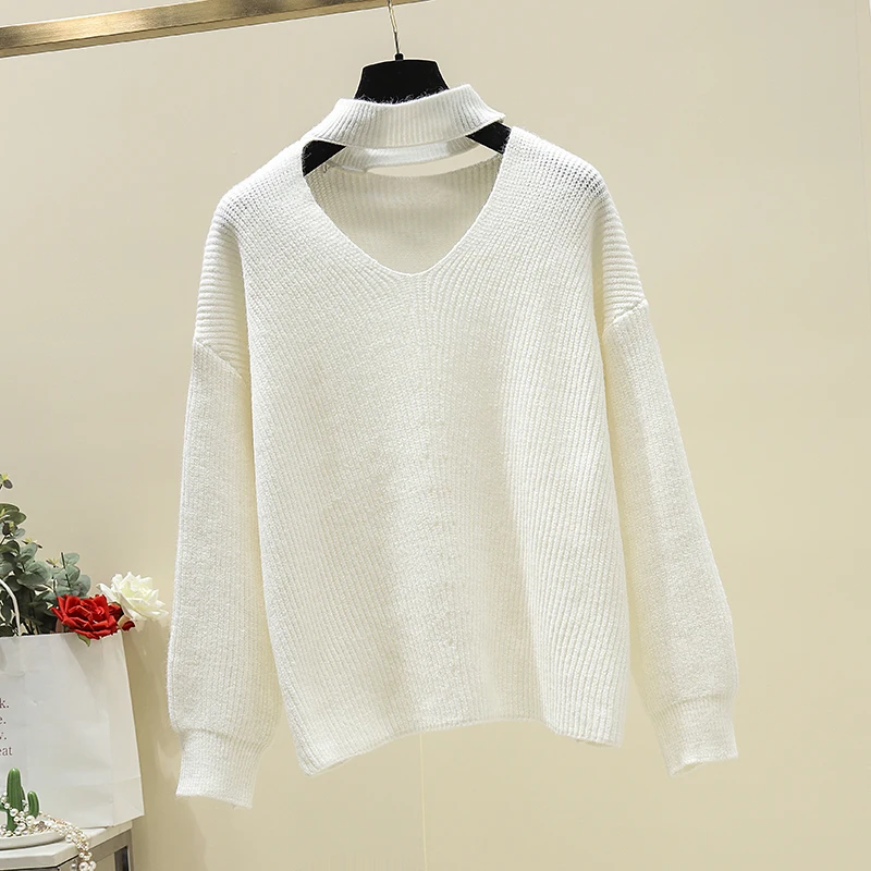 Heliar White Solid Knitted Pullovers Women Round Neck 2019 Fall Winter ...