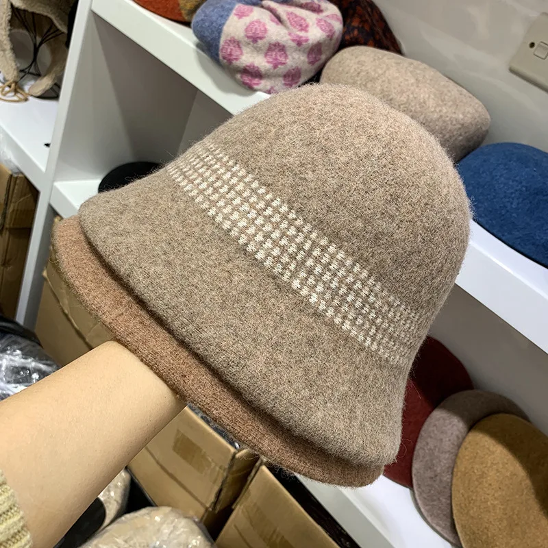 Autumn Winter Women Wool Blend Bucket Hat Solid Dome Warm Fishing Hats Elegant Lady All Macth Harajuku Caps Casual Fashion