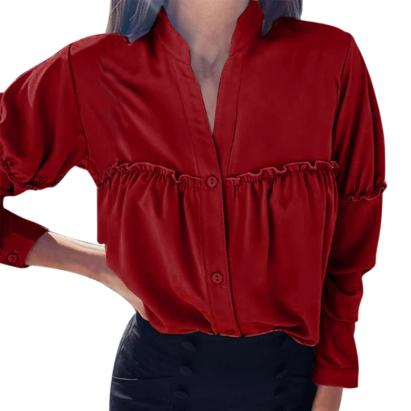 Wine Red Sfit, Женская рабочая рубашка с воротником с лацканами, одноцветная Базовая рубашка на пуговицах, топ, весна-лето, топы с v-образным вырезом, гофрированная футболка с длинным рукавом - Цвет: Wine Red