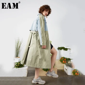 

[EAM] Women Blue Contrast Color Stitch Denim Trench New Lapel Long Sleeve Loose Fit Windbreaker Fashion Tide Spring 2020 1S094