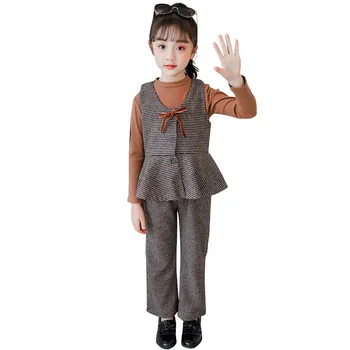 

Children Clothes Plaid Pattern Girls Clothing Vest + Tshirt + Pants Outfit For Girls Spring Autumn Kids School Clothing