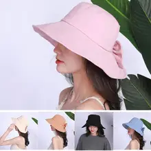 Летняя Горячая Распродажа Женская Панама Одноцветный с бантом складывающаяся шляпа от солнца хлопок Повседневная пляжная кепка для лета Мода A66