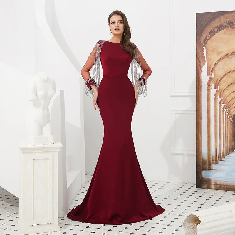 

Burgundy Formal Evening Gown Formal Dress Women Elegant Mother Of The Bride Dresses Beaded Evening Muslim Long Party Dress 2019