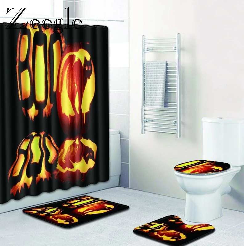 Zeegle Halloween Mat Set with Shower Curtain Creative Mat for Bathroom Decor Pedestal Rug Toilet Seat Cover Mat Bath Curtain