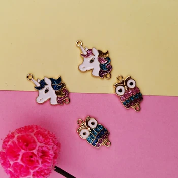 

10pcs Glitter Enamel Animal Connectors Charms Handmade Unicorn Owl Charms Golden Base Metal Pendant For Jewelry Making Accessory