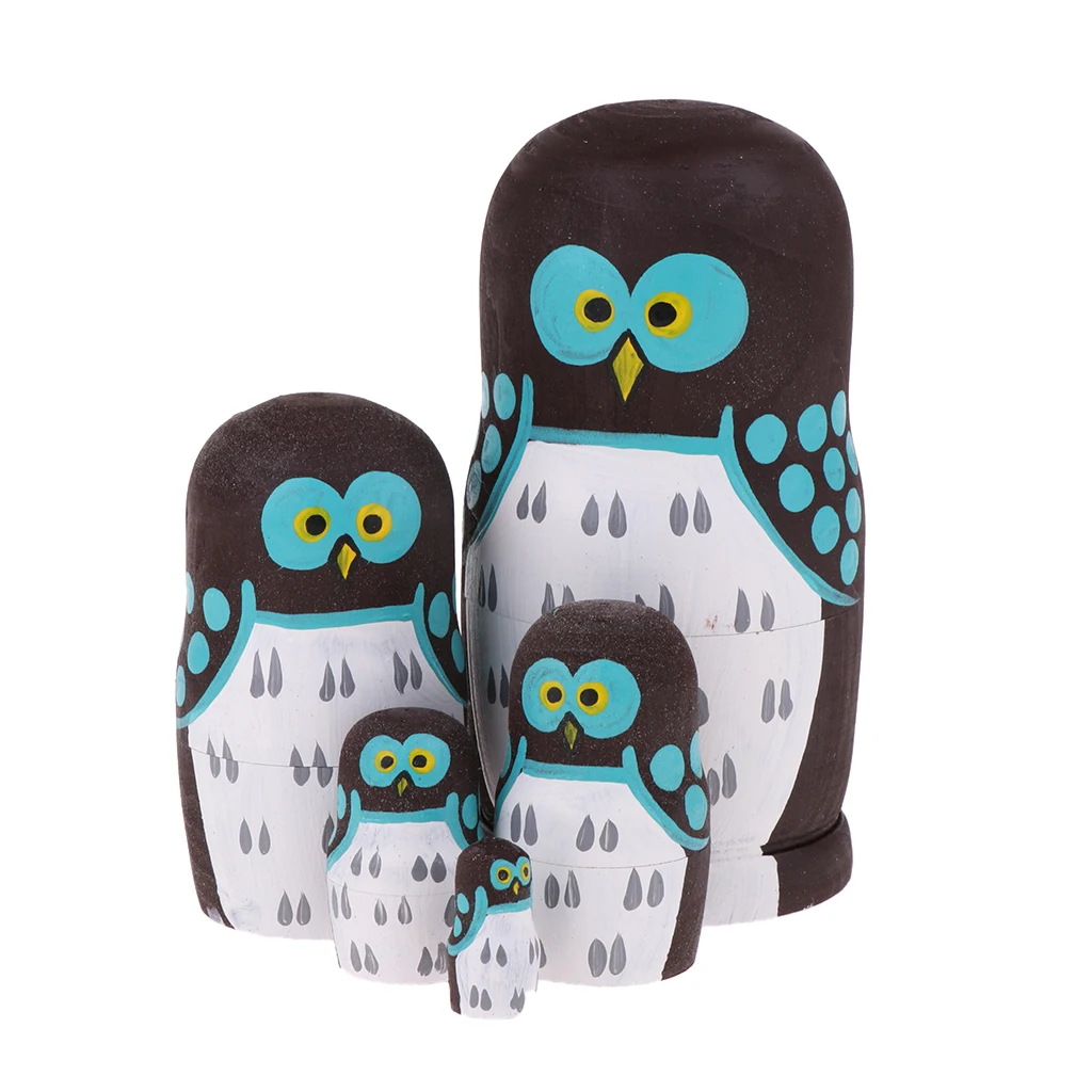 Christmas Decoration Gift - Cartoon Owl Pattern Russian Matryoshka Babushka Dolls - Hand Painted Wooden Dolls 5 Pieces Kit