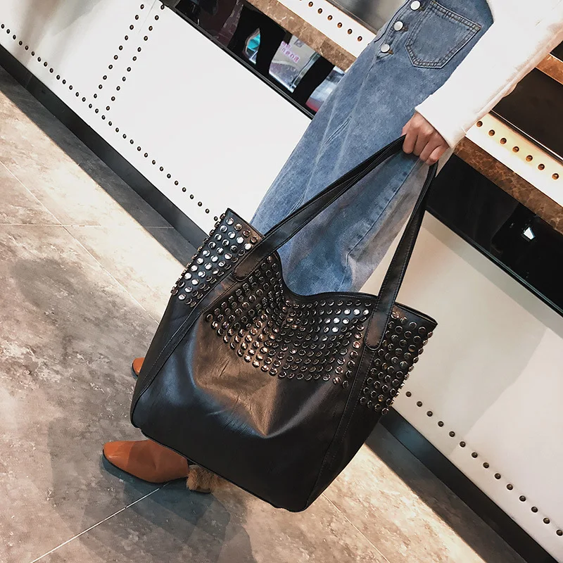 

JIULIN 2019 new PU high-capacity Tote bag rivet punk wind shoulder diagonal portable women's bag