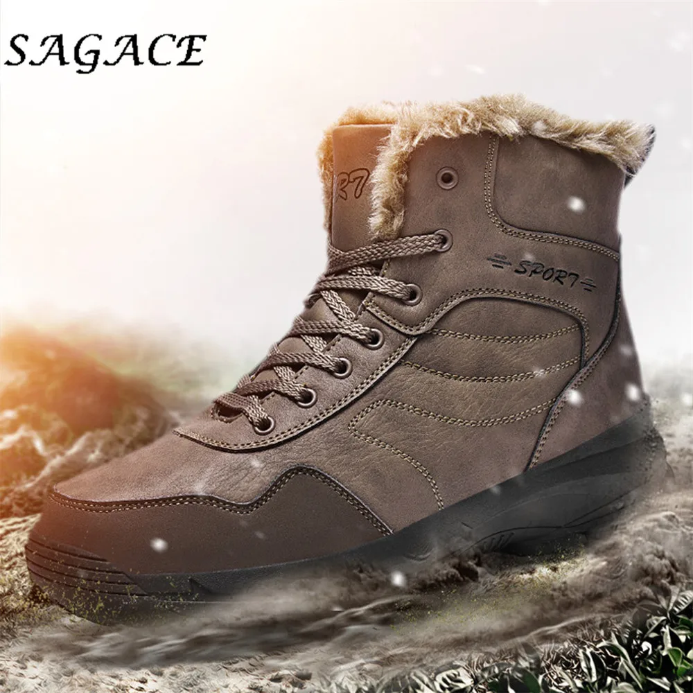 SAGACE/мужские кожаные ботинки на шнуровке, большие размеры, резиновые высокие ботинки, уличные кроссовки, спортивные мужские зимние Нескользящие плюшевые ботинки