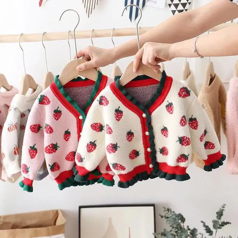 

2019 Autumn New Style Sweater Girls CHILDREN'S Sweater Strawberry Sweater Korean-style Flounced Mink Cashmere Knitted Cardigan