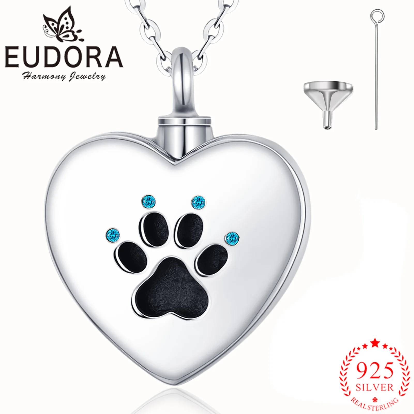 

Eudora Sterling Silver Heart Cat Dog Footprint cremation memorial ashes urn heart charm blue CZ necklace jewelry keepsake G012