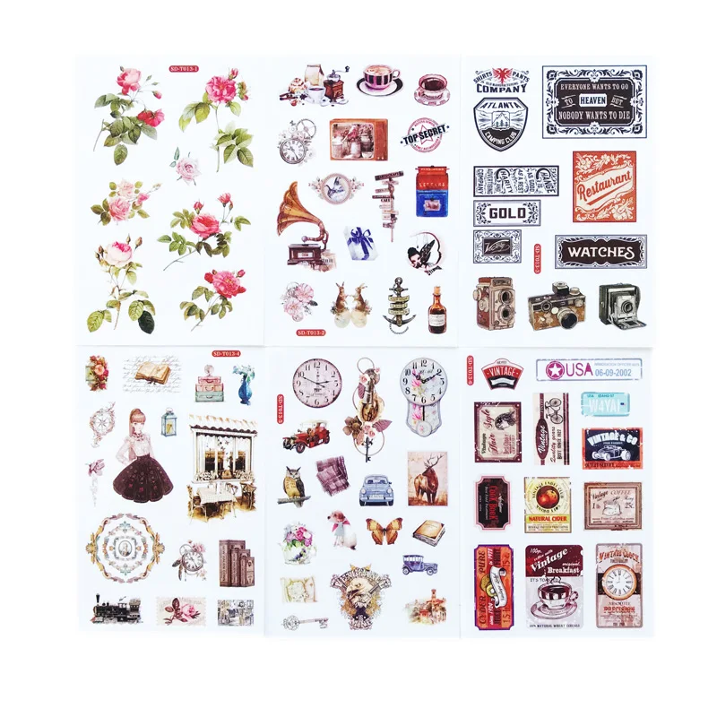 6 Sheets Vintage Old Times& Flowers Washi Paper Sticker Decorative Adhesive Stick Label