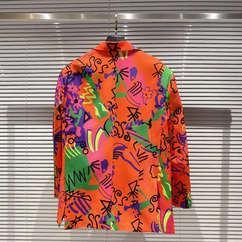 2020 Autumn New Arrival Long Sleeve Nothced Collar Orange Graffiti Printed Slim Blazer Women Coat Streetwear Ladies Suit Jacket