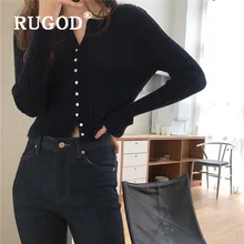 RUGOD Новое Осеннее тонкое вязаное пальто для женщин с v-образным вырезом Короткий стильный полосатый свитер кардиган мода femme Элегантный Эластичный