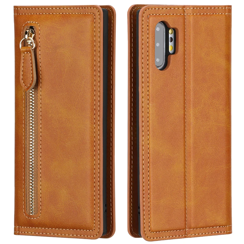 Кожаный чехол-кошелек на молнии для samsung Note 10 10+ Магнитный чехол-кошелек для samsung Galaxy S10 S10 Plus чехол с отделениями для карт - Цвет: Light Brown