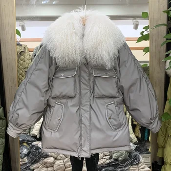 

2020 New Style for Winter Glow-in-the-Dark Reflective down Jacket Women Long tan yang mao Coat yang tan mao Collar