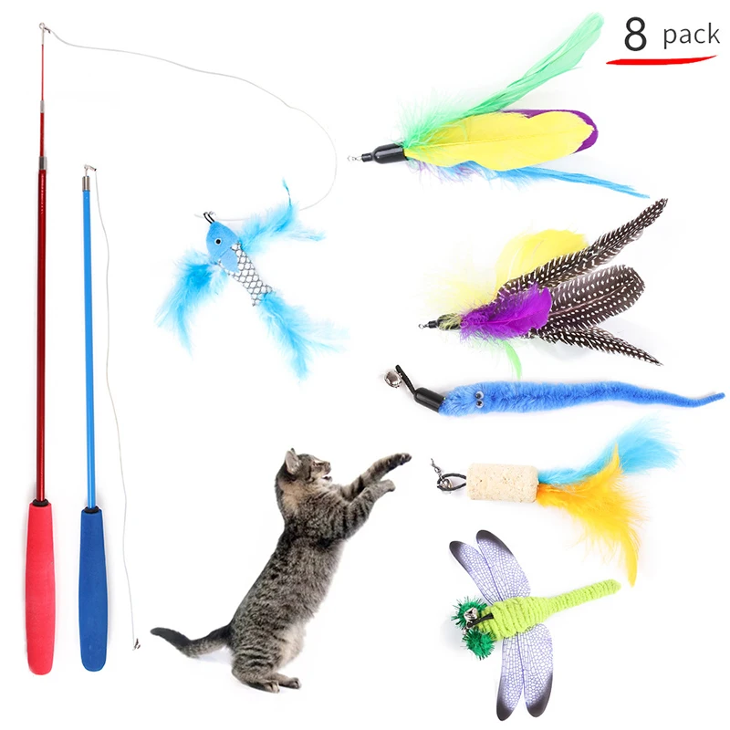 8 PCS/Set Pet Cat Toy Feather Teaser Plastic Wand Toy Teaser Bell Cat Fun Play