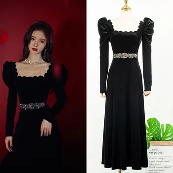 

BGW HT3231 Squar Neck A Line Velour Black Evneing Dresses Long Sleeves With Crystal Sashes 2020 New Robe De Soiree Longue