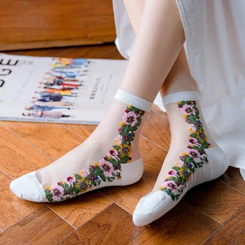 

Fashion Floral Women Crystal Silk Socks Ultra Thin Rose Flower Girls Elastic Socks Romantic Transparent Elastic Socks Female Sox