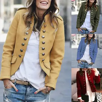 

Lady Casual Stand Collar Button Pocket Open Front Long Sleeve Coat Jacket Blazer