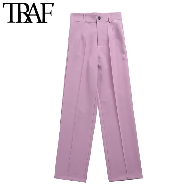 TRAF Women Chic Fashion Office Wear Straight Pants Vintage High Waist Zipper Fly Female Trousers Mujer