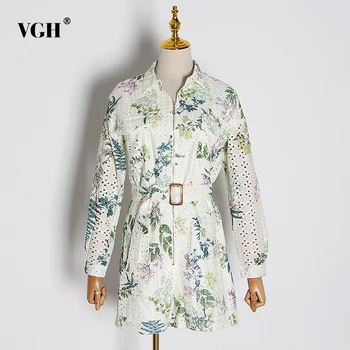 

VGH Print Hollow Out Jumpsuits Women Lapel Collar Lantern Sleeve High Waist Short Pants Jumpsuit Female Fashion Clothes