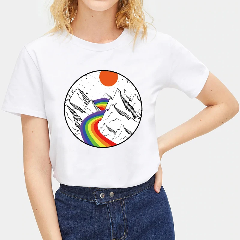 

Qlychee Harajuku Rainbow Mountains Print Women T Shirts Top Tees Crew Neck Short Sleeve Loose Summer Women T-shirts Top Tees