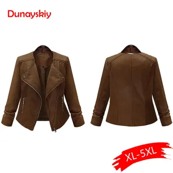 

Plus Size Coffee Pu Leather Jacket Coat Short Motorcycle Jacket Zipper Pocket 4XL 5XL Classic Basic Winter Jackets Women Outwear