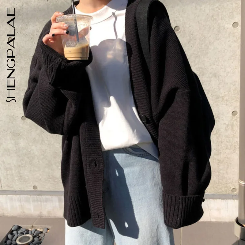 

SHENGPALAE 2020 New Fashion Spring V Neck Button Casual Loose Knit Cardigan Women Long Sleeve Loose Knit Sweater ZA2675