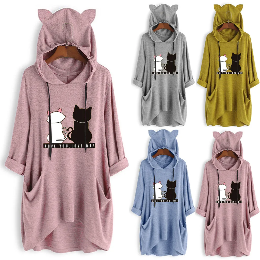 DIOMOR Womens Casual Pure Color Cat Ear Fleece Hoooded Tunic Button Down Plus Size Cute Cat Hoodie Warm Coat Outerwear