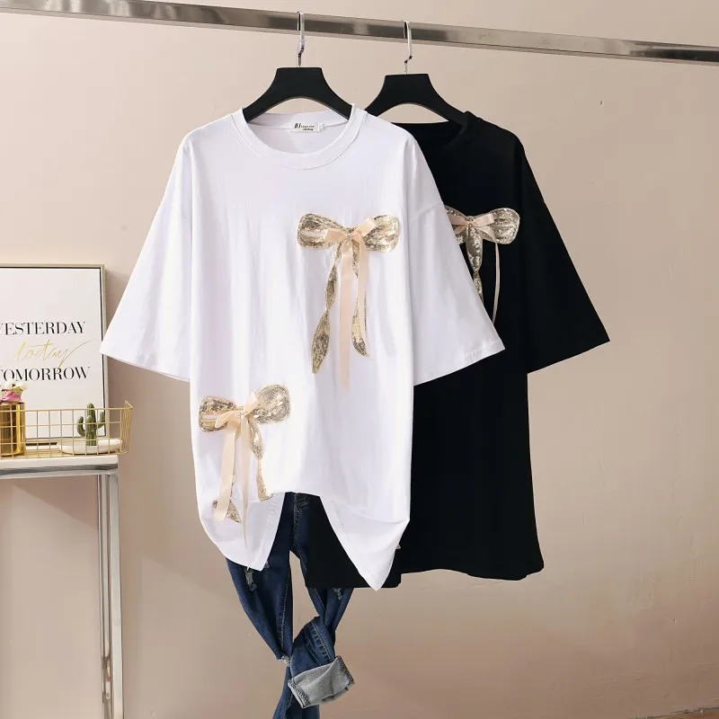 

Summer Korean-style Large Size Dress Fat Mm New Style Western Style Cover Belly Sequin Bow Short Sleeve Mid-length T-shirt Dress