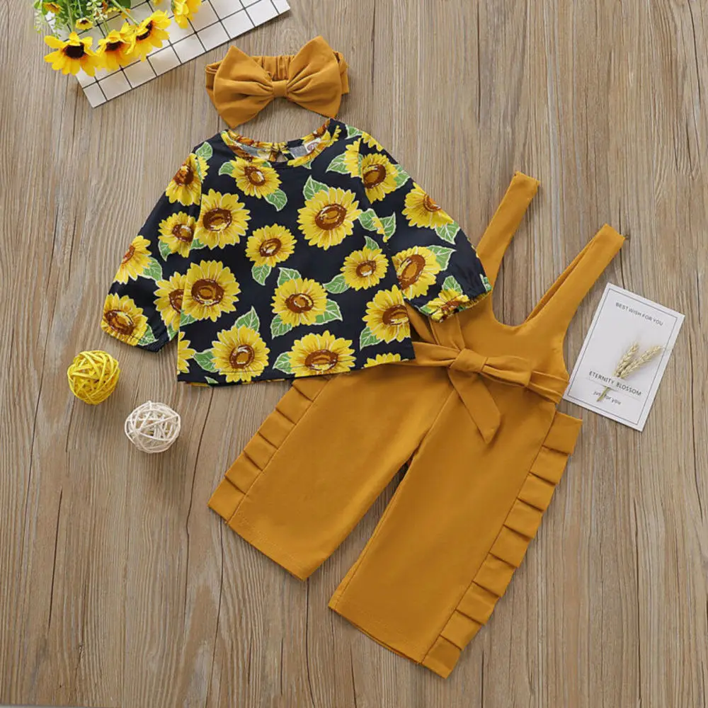 

3pcs Sets Fall Newborn Baby Kid Girls Sunflower Tops+solid Slip Pants +headband Outfit Set Baby's Clothing 0-24m