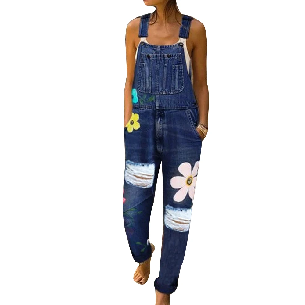 Dark blue 3 CALOFE новые модные женские с цветочным принтом женские джинсы осенние ремни шеи легкий промытый комбинезон с карманами джинсовые брюки полной длины - Цвет: Dark blue 3