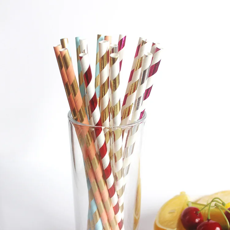 500pcs 0.6x19.7cm Gold Striped Paper Straw, Kraft Paper Beverage Straw