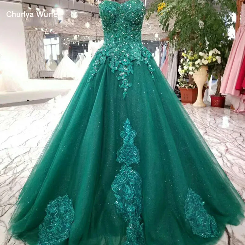 

LSS011 Green Evening Dress Sweetheart Neckline A line Appliques Lace Up Back Shiny Cheap Formal Party Dress Robe De Soiree